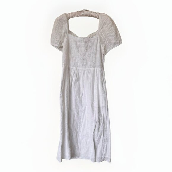 LOFT Midi Dress Medium Petite Stretch White Cotton Short Puff Sleeve - Picture 1 of 7